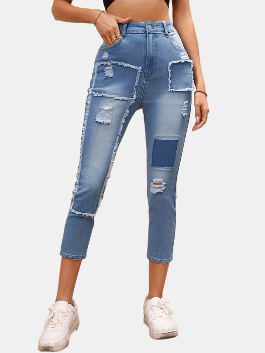 High Waist Ripped Cropped Pants Korean Casual Beggar Loose Straight Jeans-Fancey Boutique