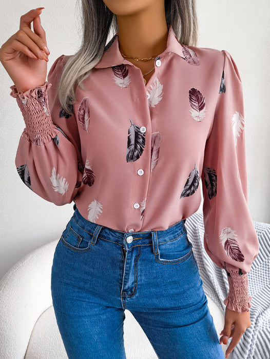 Color-Pink-Spring Summer Elegant Feather Lantern Sleeve Collared Shirt Women Clothing-Fancey Boutique