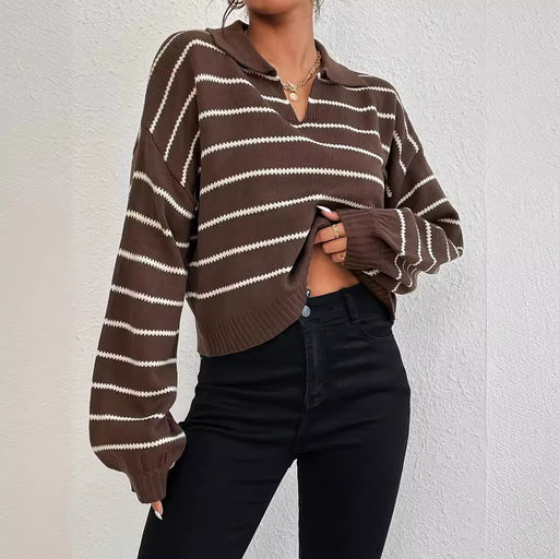 Winter Loose All Matching Striped Collared Knitted Pullover Sweater Casual Sweater Outerwear Top-Fancey Boutique