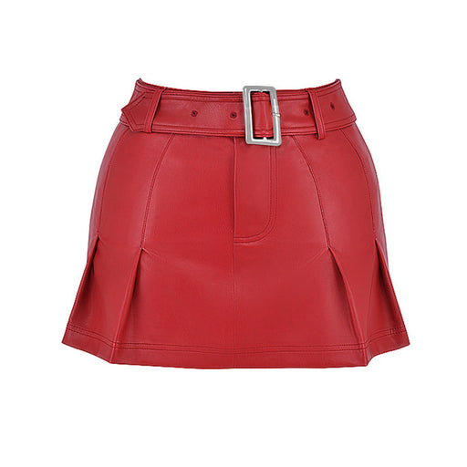 Sexy Hipster Mini Skirt Pleated Faux Leather All Match Office Metallic Belt A line Skirt-Red-Fancey Boutique