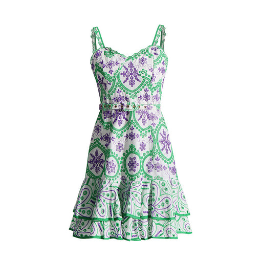 Summer Machine Embroidery Sexy Spaghetti Strap Ruffle Dress Waist Slimming Short Temperamental Dress-Green-Fancey Boutique