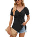 Color-Black-Spring Summer Solid Color V neck Lace up Short Sleeve Loose T shirt Top for Women-Fancey Boutique