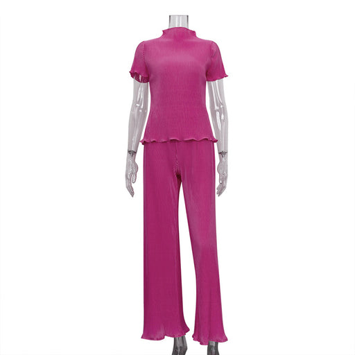 Spring Slimming T shirt High Waist Blue Pleated Wide Leg Pants Casual Women Clothing Fashion Suit-Pink-Fancey Boutique