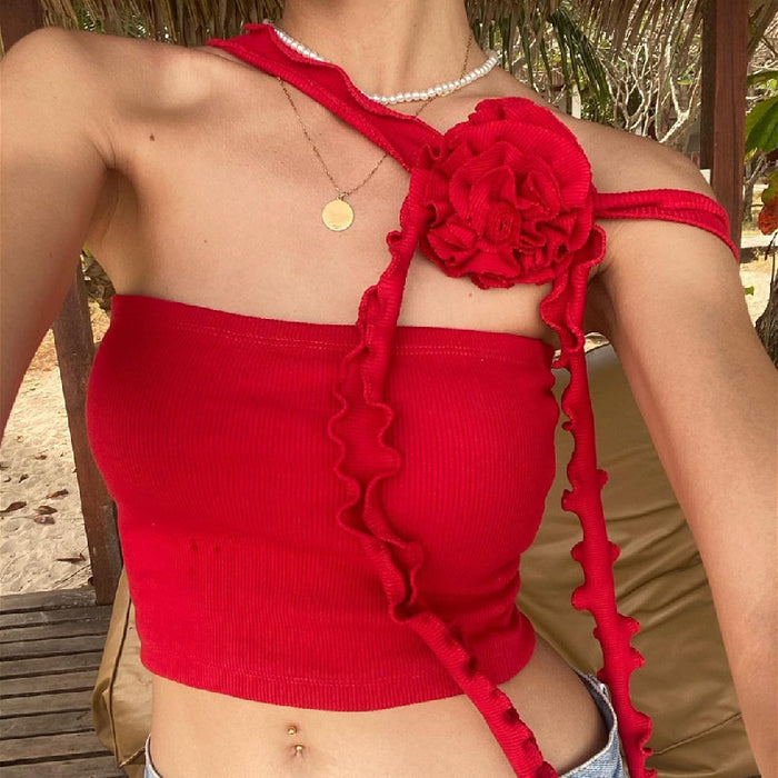 Color-Red-Spring Sexy French Three Dimensional Floral Ribbon Halter Stitching Tube 3D Rose Top Vest for Women-Fancey Boutique