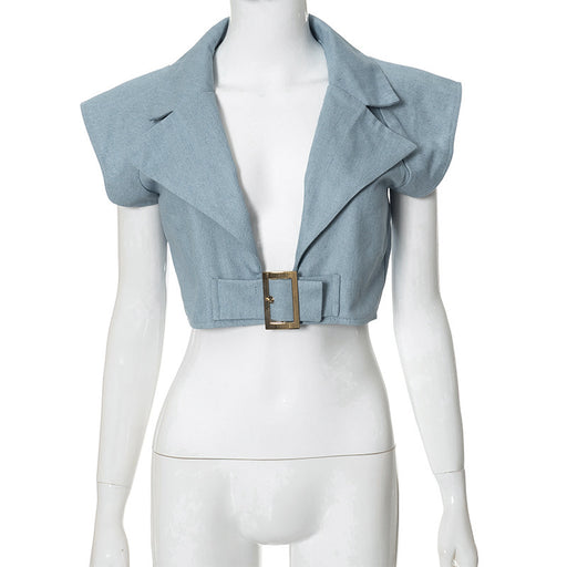 Color-Blue-Women Clothing Autumn Solid Color Imitation Denim Special Jacket Sleeveless Polo Collar Top-Fancey Boutique