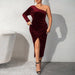 Color-Burgundy-Plus Size Evening Gown for Women Autumn Winter Queen Sexy Split Maxi Dress One Shoulder Cold Shoulder Pleuche Dress-Fancey Boutique