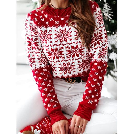 Color-Red Collar-Women Autumn Winter Sweaters Women Clothing Christmas Snowflake Long Sleeve Bottoming Knitted Sweater-Fancey Boutique