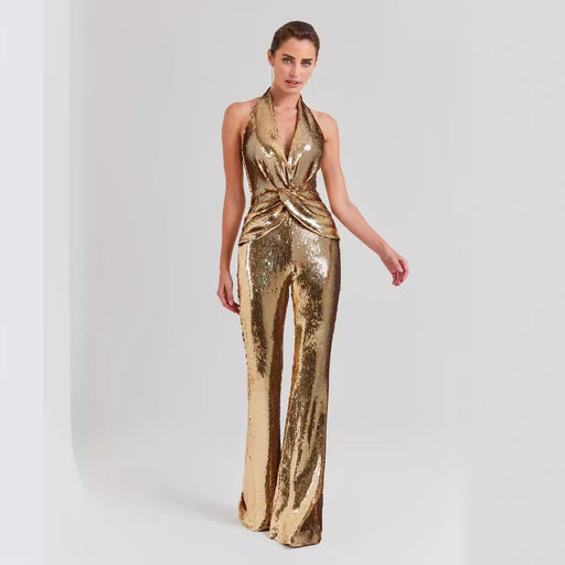 Summer High End Elegant Sequined Light Luxury Halter Jumpsuit Cocktail Host Annual Meeting Performance Dress for Women-Fancey Boutique