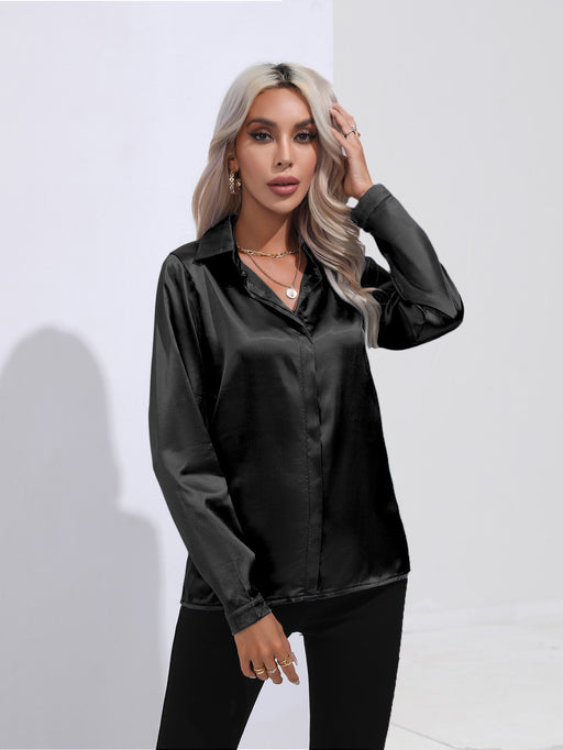 Color-Black-One Button Satin Shirt Women Shirt Long Sleeve Shirt Spring Summer Women Clothing-Fancey Boutique