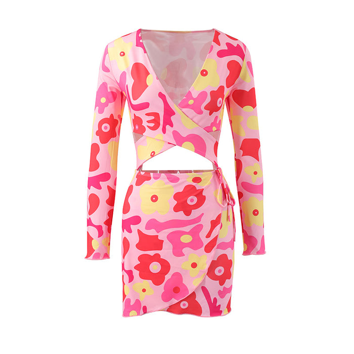 Sexy Wear Sexy V neck Top Sweet Cool Women Clothing Long Sleeve Hollow Out Cutout Dress-Pink-Fancey Boutique