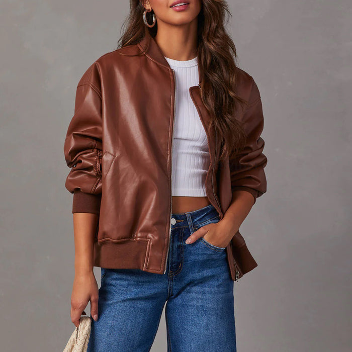 Color-Brown-Autumn Winter Faux Leather Varsity Jacket Jacket Long Sleeved Motorcycle Jacket Leather Coat Coat Women-Fancey Boutique