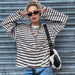 Street Retro Contrast Color Striped Basic Loose T Shirt Autumn Sexy Thin Round Neck Long Sleeve-Fancey Boutique