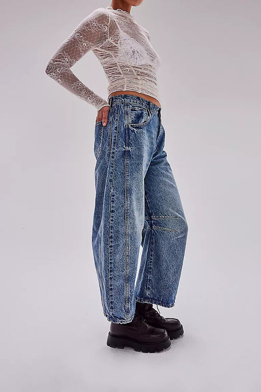 Casual Wide Leg Loose Jeans Women Mid Low Waist Washed Denim-Blue-Fancey Boutique