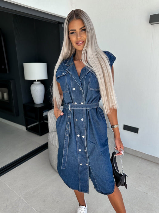 Color-Jeans Deep Blue-Women Clothing Casual Polo Collar Sleeveless Clinch Open Chest Waist Controlled Lace Up Denim Dress-Fancey Boutique