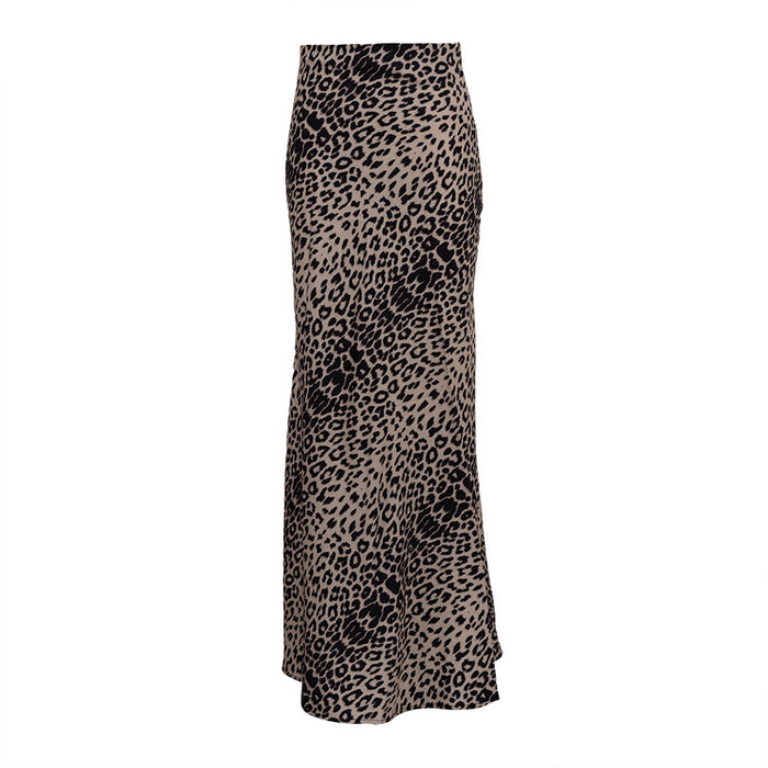 Satin Skirt Sexy Leopard Print Long Skirt High Waist Drooping Silky Hip Skirt-Brown-Fancey Boutique