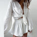 Color-White-Summer Women Casual Solid Color Ruffles Shorts Long Sleeve Set-Fancey Boutique