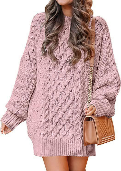 Color-Pink-Round Neck Long Sleeve Twisted Knitted Thick Needle Pullover Mid Length Sweater Women Dress-Fancey Boutique