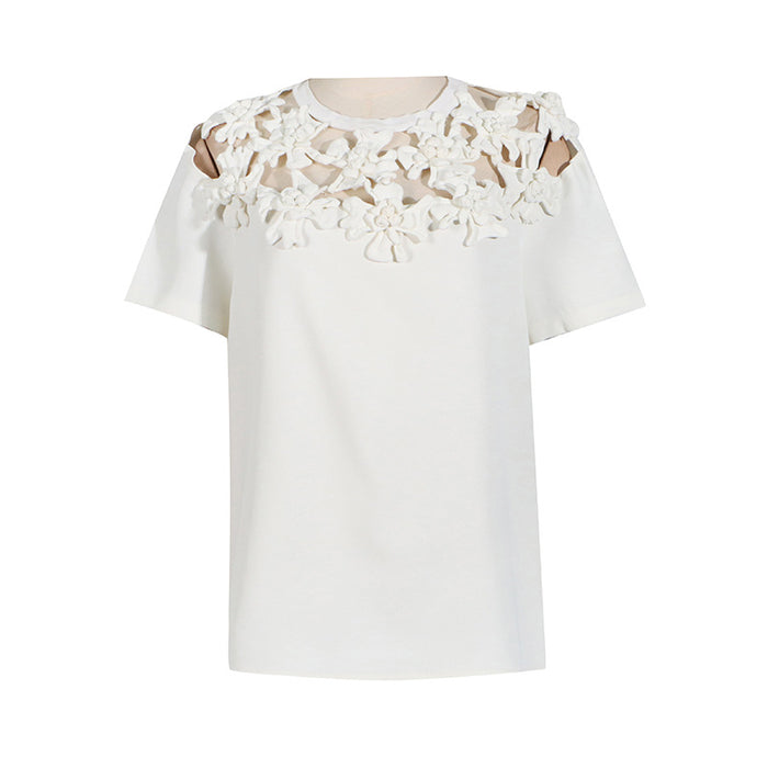 Summer Round Neck Embroidery Floral Stitching All Matching Hollow Out Cutout Short Sleeve T Shirt Top Women-Fancey Boutique