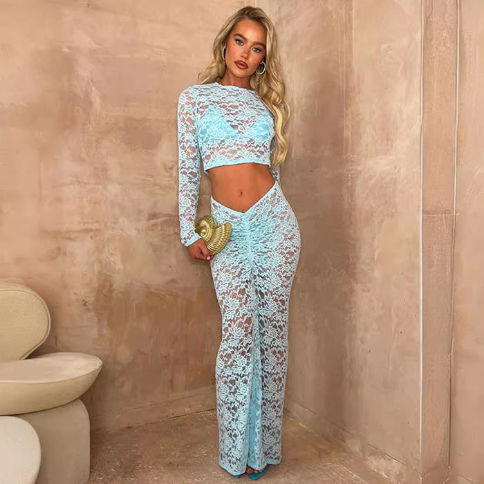 Women Clothing See through round Neck High Waist Long Sleeved Waist Sheath Skirt Two Piece Lace Skirt-Fancey Boutique