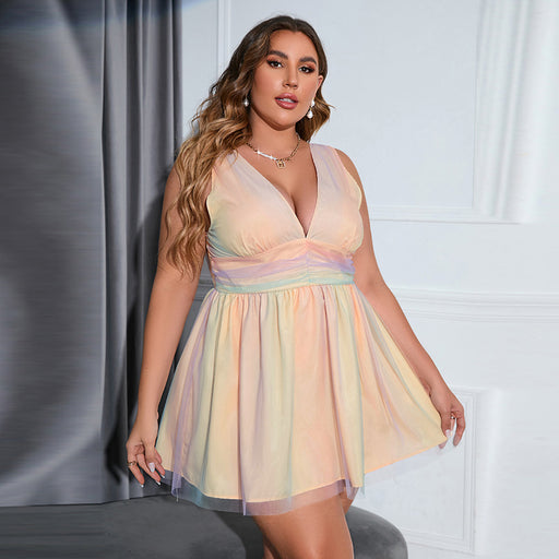 plus Size Women Clothes Sleeveless Deep V Plunge Sexy Dress High Waist Backless Rainbow Tulle ress Little Dress-Fancey Boutique