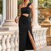 Color-Black-Summer Fresh Women Clothing Solid Color Oblique Shoulder Hollow Out Cutout Split Dress-Fancey Boutique