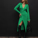 Split Strap Thread Knitted Dress Mid Length Autumn Winter Polo Collar Long Sleeve Sexy Tight Dress-Fancey Boutique