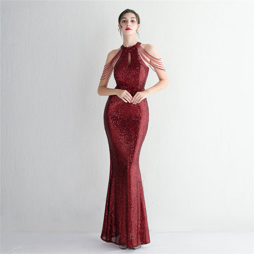 Color-Burgundy-Sequined Craft Beading Cocktail Evening Dress Elegant Long Halter Slim Fit Fishtail-Fancey Boutique