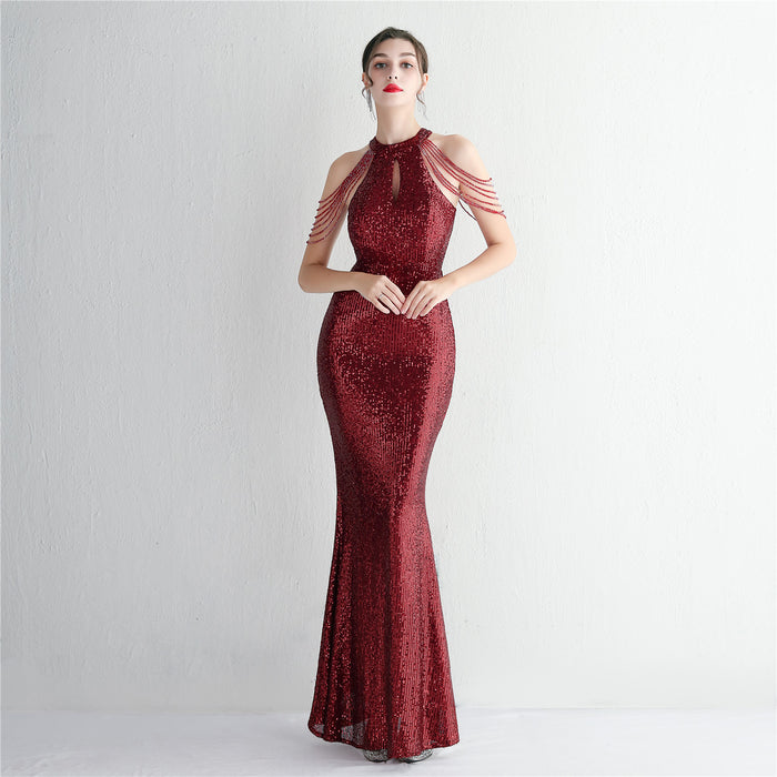 Color-Burgundy-Sequined Craft Beading Cocktail Evening Dress Elegant Long Halter Slim Fit Fishtail-Fancey Boutique