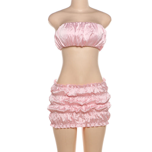 Summer Women Clothing Sexy Sexy Short Tube Top Ruffle Hip Short Skirt Two Piece Set-Pink-Fancey Boutique