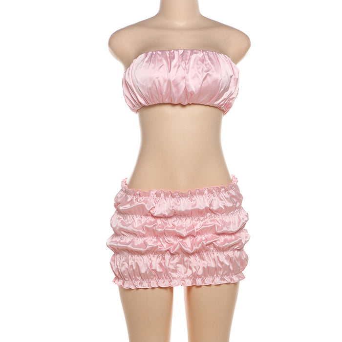 Summer Women Clothing Sexy Sexy Short Tube Top Ruffle Hip Short Skirt Two Piece Set-Pink-Fancey Boutique