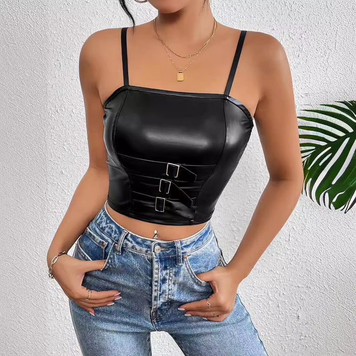 Sexy Bra Top Wrapped Chest Faux Leather Texture Women Vest Camisole-Fancey Boutique