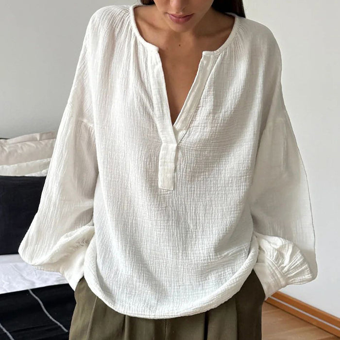 French Bubble Crepe Lantern Sleeve Loose Casual Shirt Autumn Arrival Top Women-Fancey Boutique