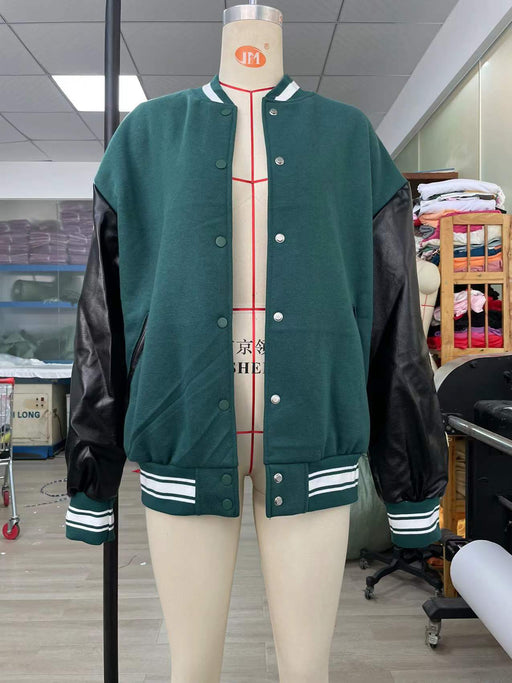 Color-Green-Women Clothing Varsity Jacket Leather Sleeve Stitching Bone Embroidery Autumn Winter Padded Jacket Women-Fancey Boutique