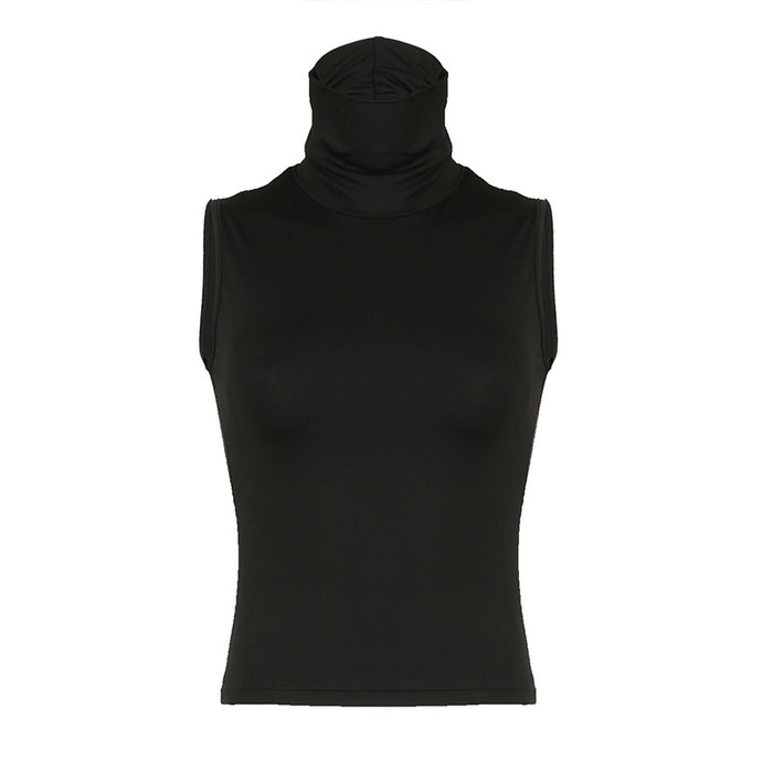 Street Basic Solid Color Turtleneck Anti Car Outer Wear Sleeveless Vest Sexy Elegant Slim Stretch Casual Top-Black-Fancey Boutique