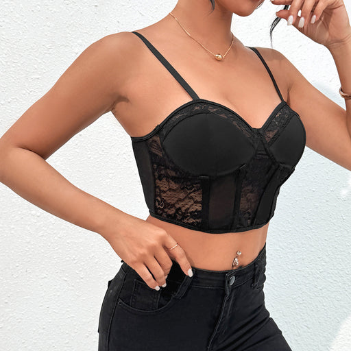 Street Fashionable Black Lace Grenadine Stitching Boning Corset Backless Sexy Sexy Slim Strap Women-Black-Fancey Boutique