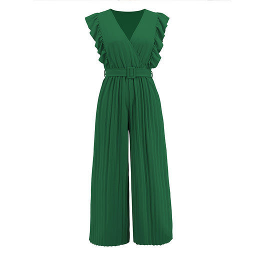 Color-Green-Sexy Slim Jumpsuit High Waist Sleeveless Lotus Leaf V neck Pleated Wide Leg Skort Women-Fancey Boutique