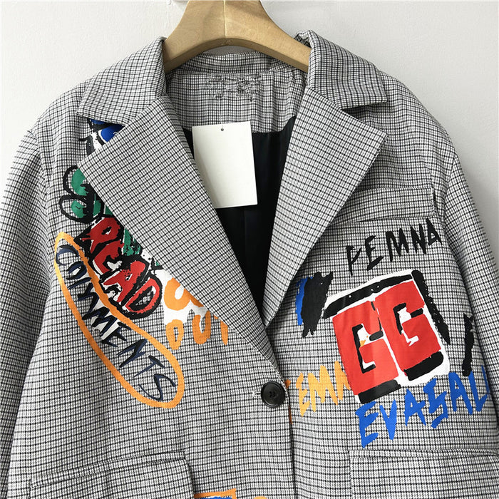 Autumn Niche Graffiti Design British Plaid Loose Women Jacket Hong Kong Blazers-Multi-Fancey Boutique