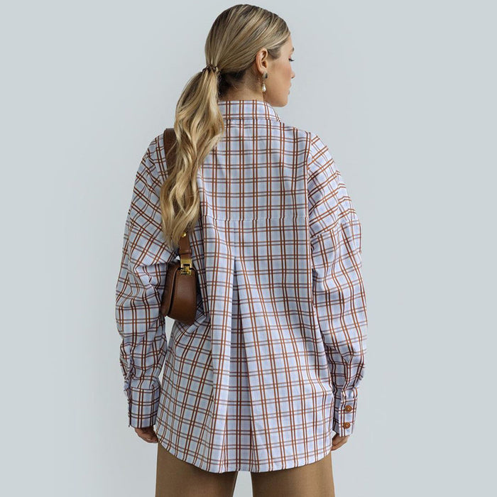 Women Autumn Long Sleeve Plaid Shirt Retro All Matching Collared Loose Shirt-Fancey Boutique