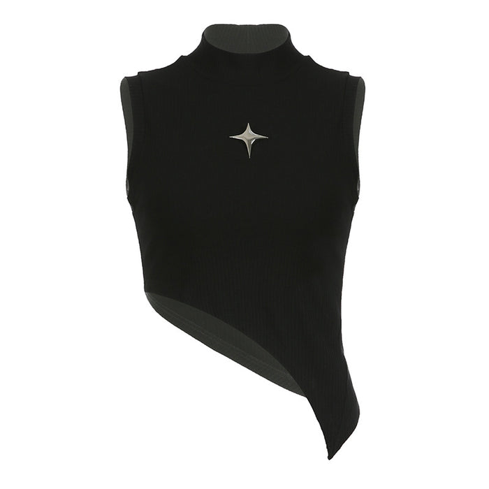 Color-Black-Metal Five Pointed Star Decorative Stitching Half Turtleneck Sleeveless Beveled Bare Cropped Slim Fit Top Sexy Vest-Fancey Boutique