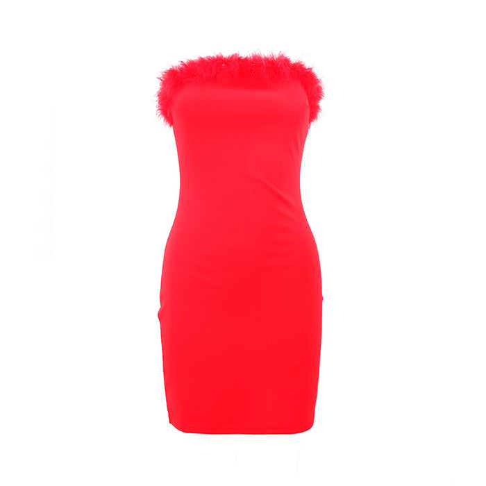 Sexy Women Clothing Ur Autumn Winter Tube Top Tassel Dress-Red-Fancey Boutique