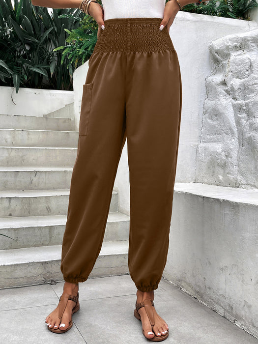 Color-Coffee-Women Clothing Elastic Waist High Waist Wide Leg Ankle Length Pants-Fancey Boutique