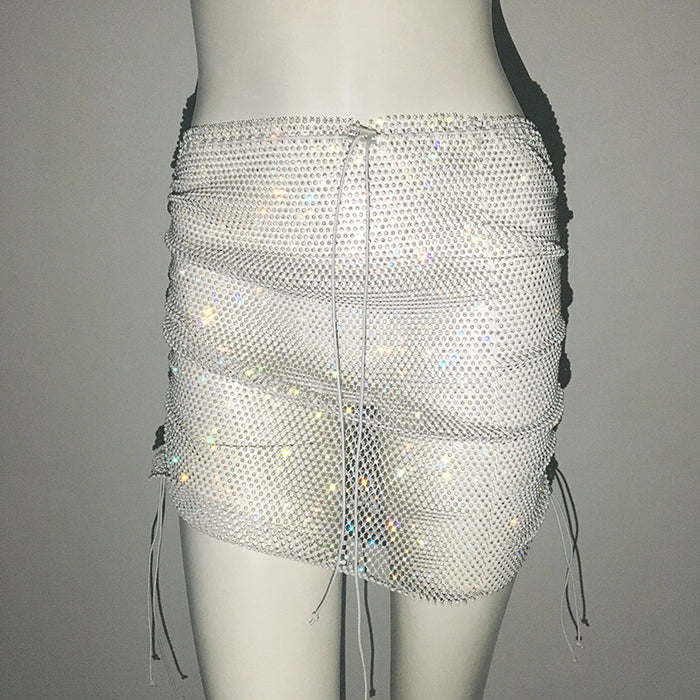 Nightclub Sexy Rhinestone Skirt Diamond Embedded Sweet Spicy Fishing Net Elastic Hip Skirt-White-Fancey Boutique