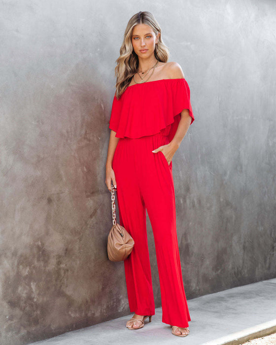 Color-Red-Spring Summer Women Clothing Off Shoulder Elegant Shoulder Baring Jumpsuit-Fancey Boutique