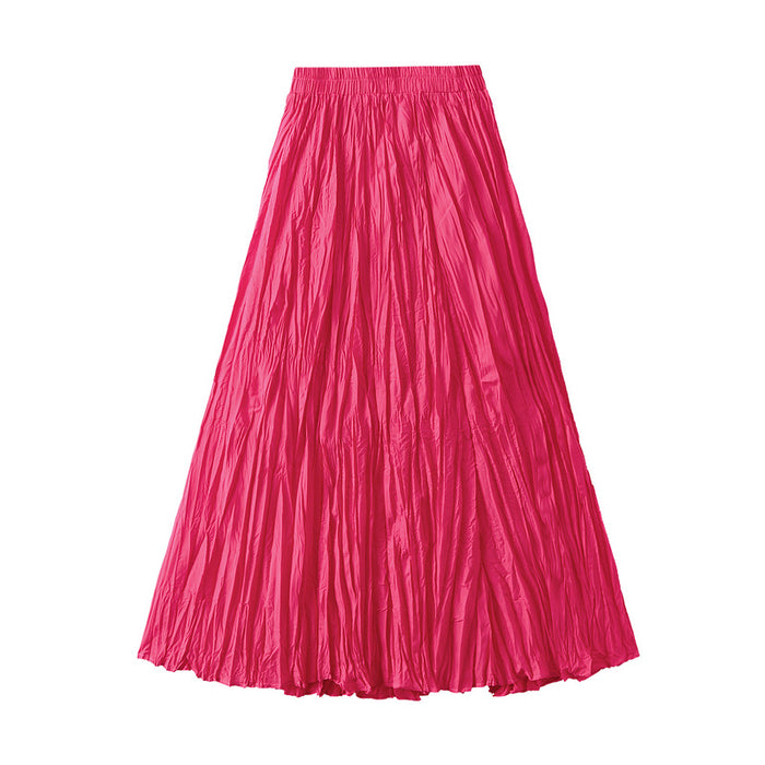 Color-Coral Red-Light Luxury Streamer Pleated Skirt Women Spring Autumn Swing Slimming Pleated A Line Skirt-Fancey Boutique