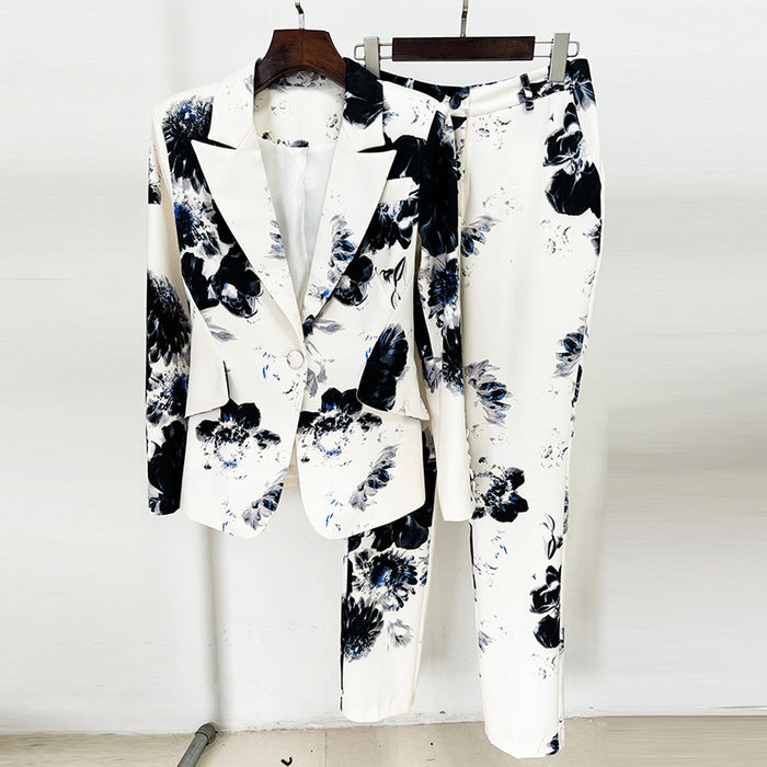 Star Graceful Fashionable Digital Printing One Button Set Skinny Pants Two Pieces-Ivory-Fancey Boutique