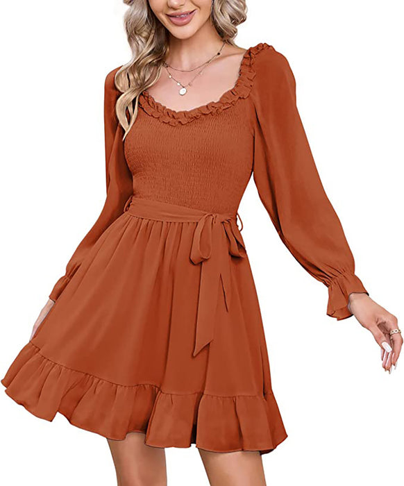 Color-Light Brown-Early Spring Chiffon Dress Women Ruffled V neck Fitted Waist Sweet A line Dress-Fancey Boutique