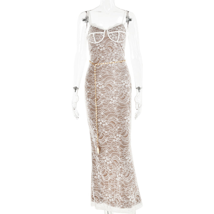 Color-White-Sexy Lace Stitched Backless Sleeveless Split Maxi Dress-Fancey Boutique