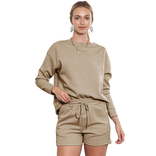 Color-Khaki-Loose Long Sleeve Shorts Two Piece Women Autumn Stylish Simple Texture Suit-Fancey Boutique