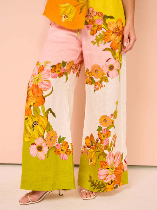 Color-Trousers-Printed Cotton Linen Two-Piece Suit Outfit Top Wide Leg Pants-Fancey Boutique