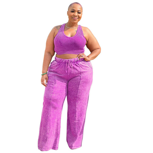 Color-Rose Purple-Plus Size Women Clothing Sleeveless Cropped Outfit Short Top Elastic Waist Wide Leg Pants Set-Fancey Boutique